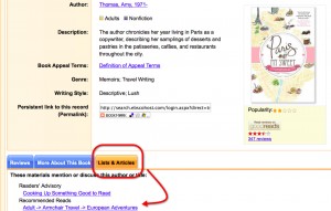 When viewing an item record, look for "Lists & Articles."